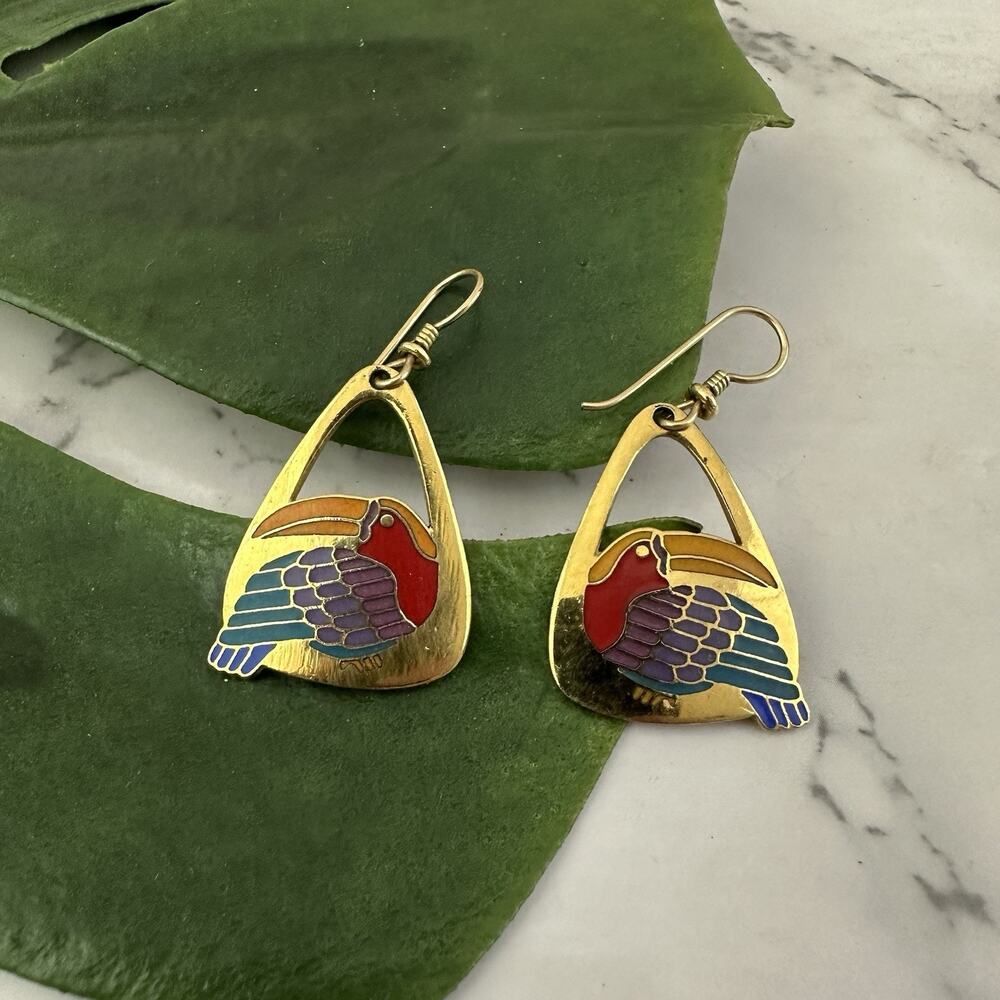 Laurel Burch Vintage 90s Toucan Bird Dangle Earrings Gold Purple Tropical